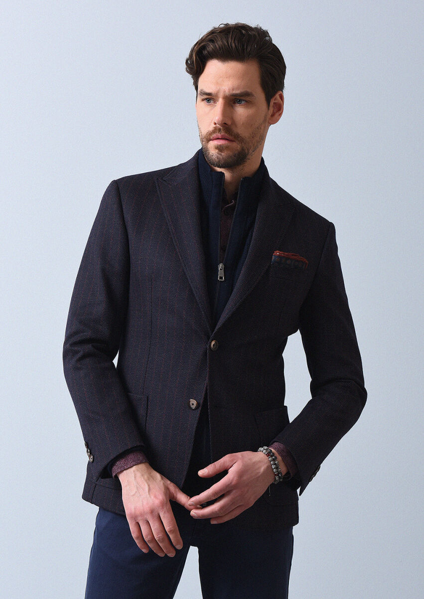 Lacivert Çizgili Zeroweight Slim Fit Yün Karışımlı Örme Ceket - 4