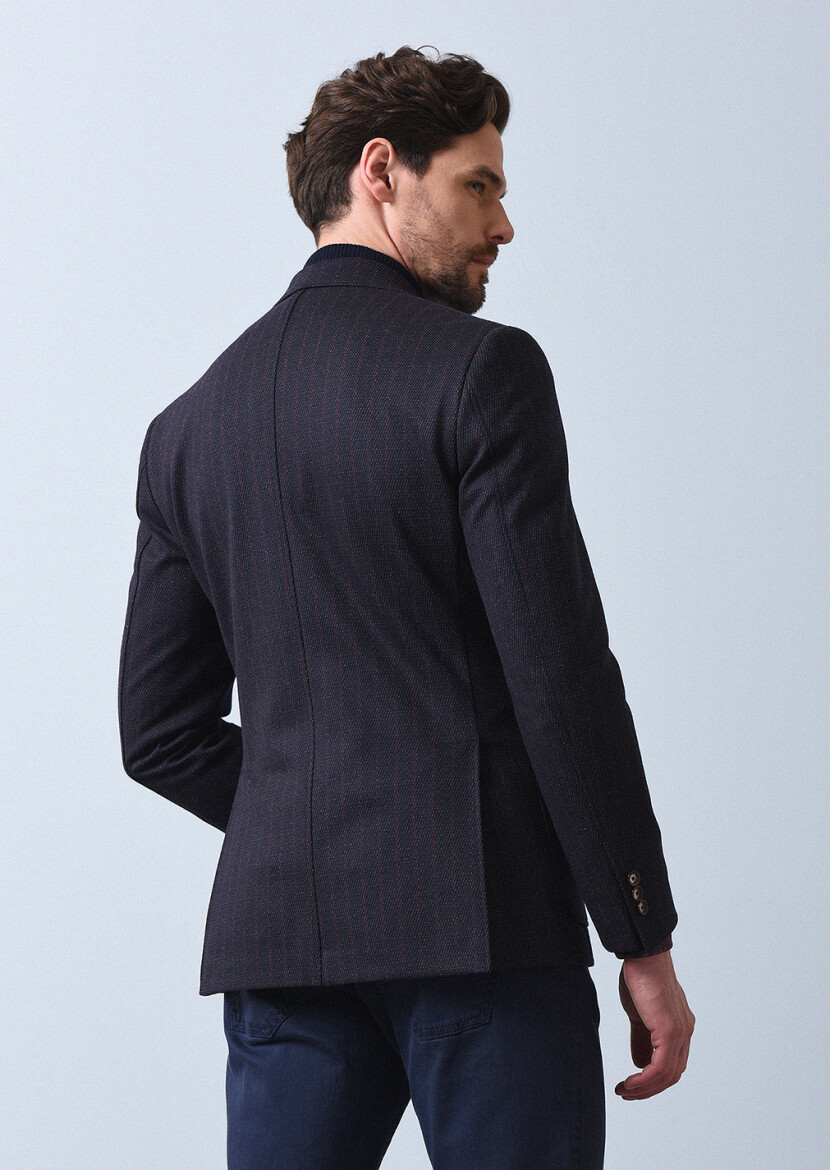 Lacivert Çizgili Zeroweight Slim Fit Yün Karışımlı Örme Ceket - 5