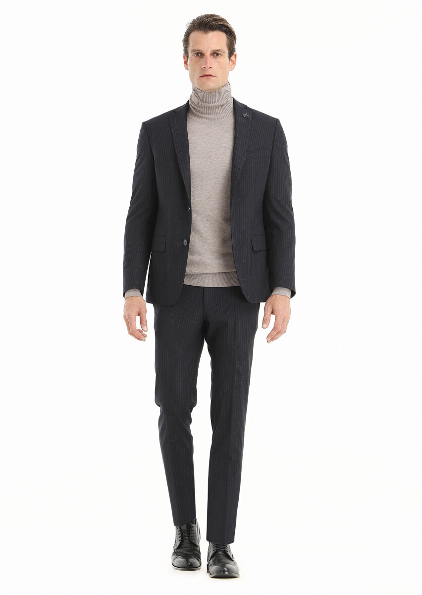 Lacivert Çizgili Zeroweight Slim Fit Yün Karışımlı Takım Elbise - 1