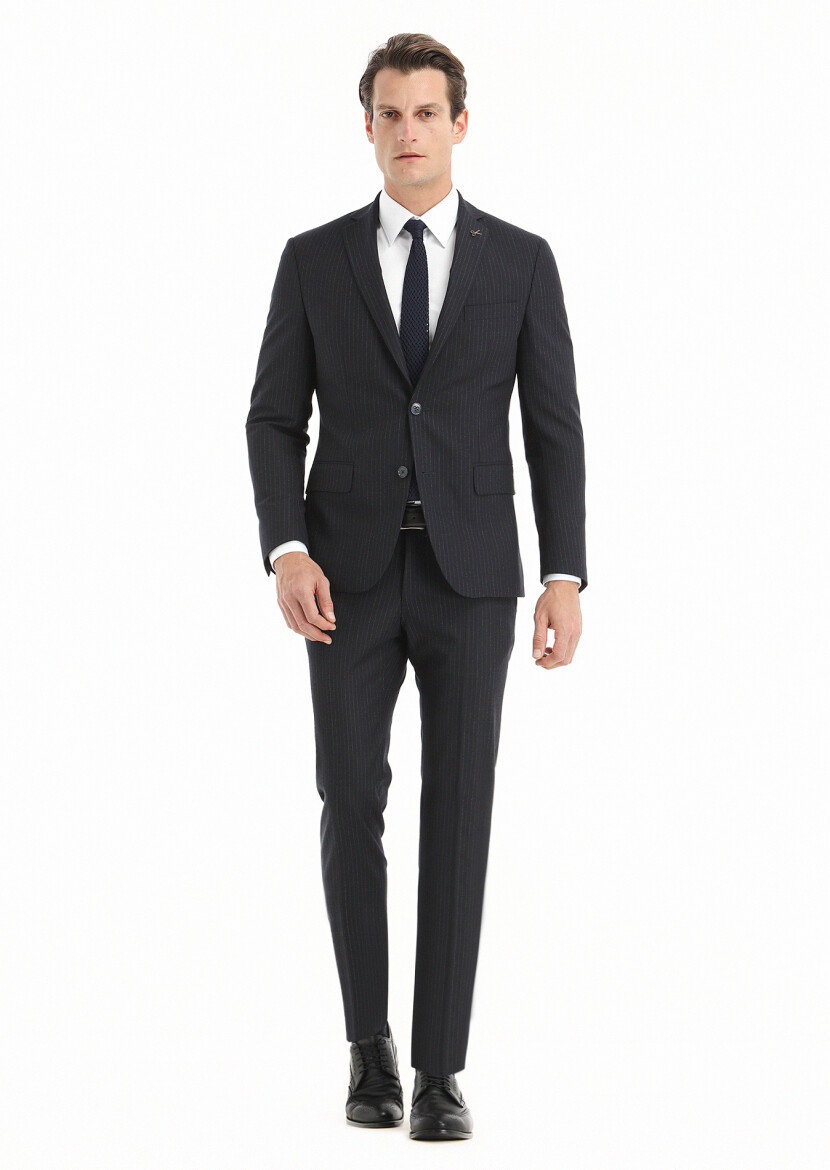 Lacivert Çizgili Zeroweight Slim Fit Yün Karışımlı Takım Elbise - 3