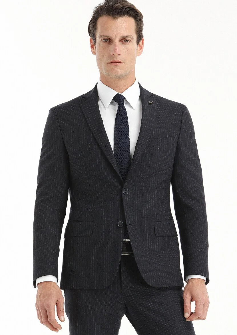 Lacivert Çizgili Zeroweight Slim Fit Yün Karışımlı Takım Elbise - 2