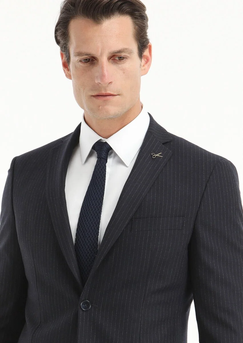 Lacivert Çizgili Zeroweight Slim Fit Yün Karışımlı Takım Elbise - 3
