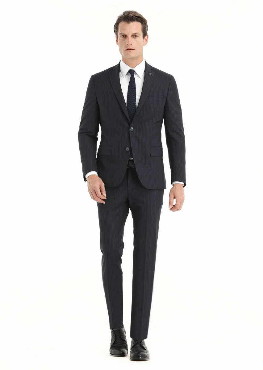 Lacivert Çizgili Zeroweight Slim Fit Yün Karışımlı Takım Elbise - 4