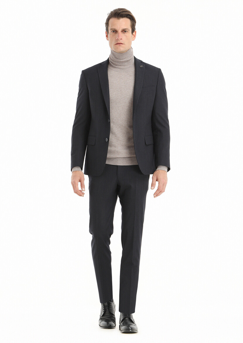 Lacivert Çizgili Zeroweight Slim Fit Yün Karışımlı Takım Elbise 
