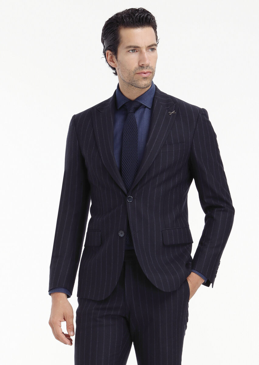 Lacivert Çizgili Zeroweight Slim Fit Yün Karışımlı Takım Elbise - 2