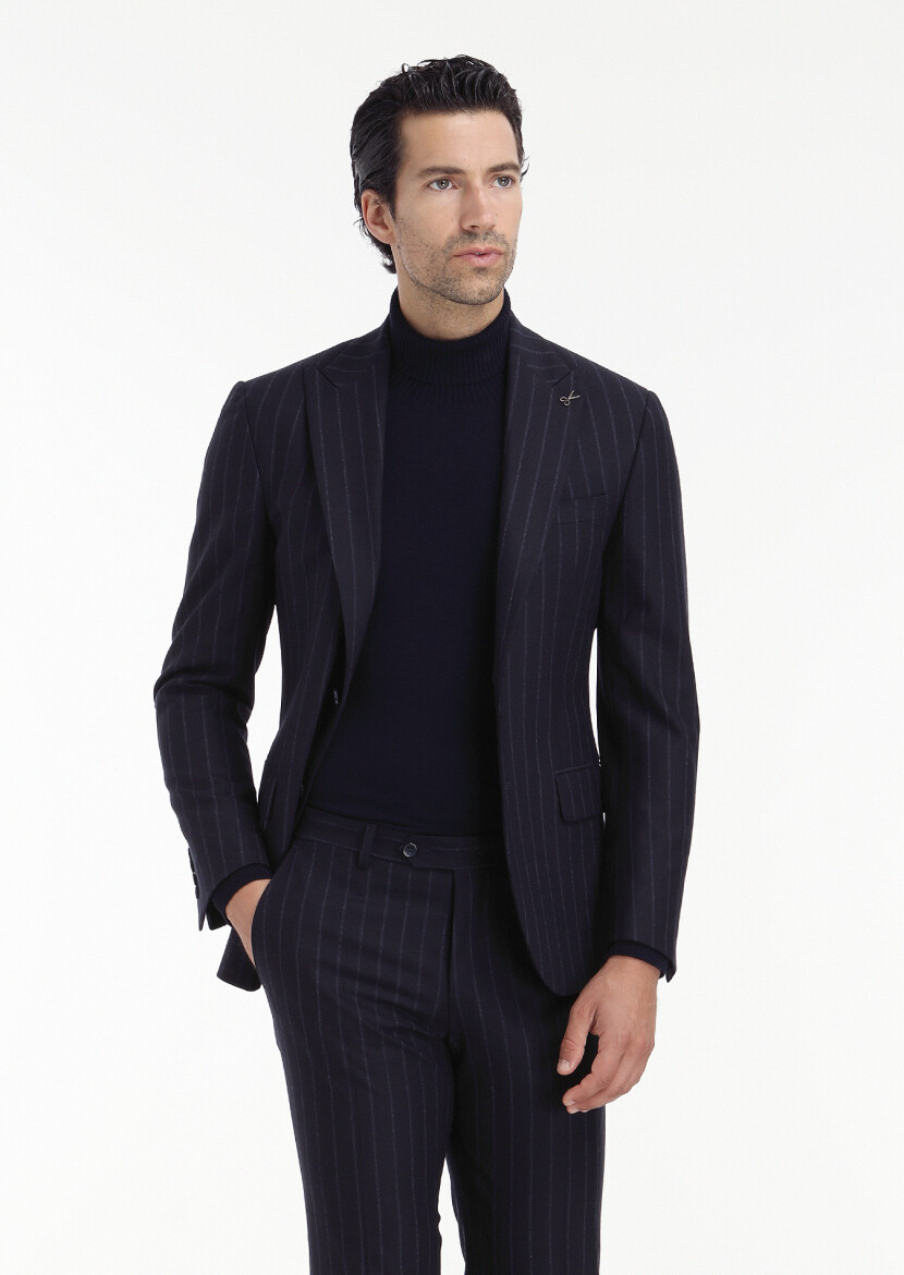 Lacivert Çizgili Zeroweight Slim Fit Yün Karışımlı Takım Elbise - 5