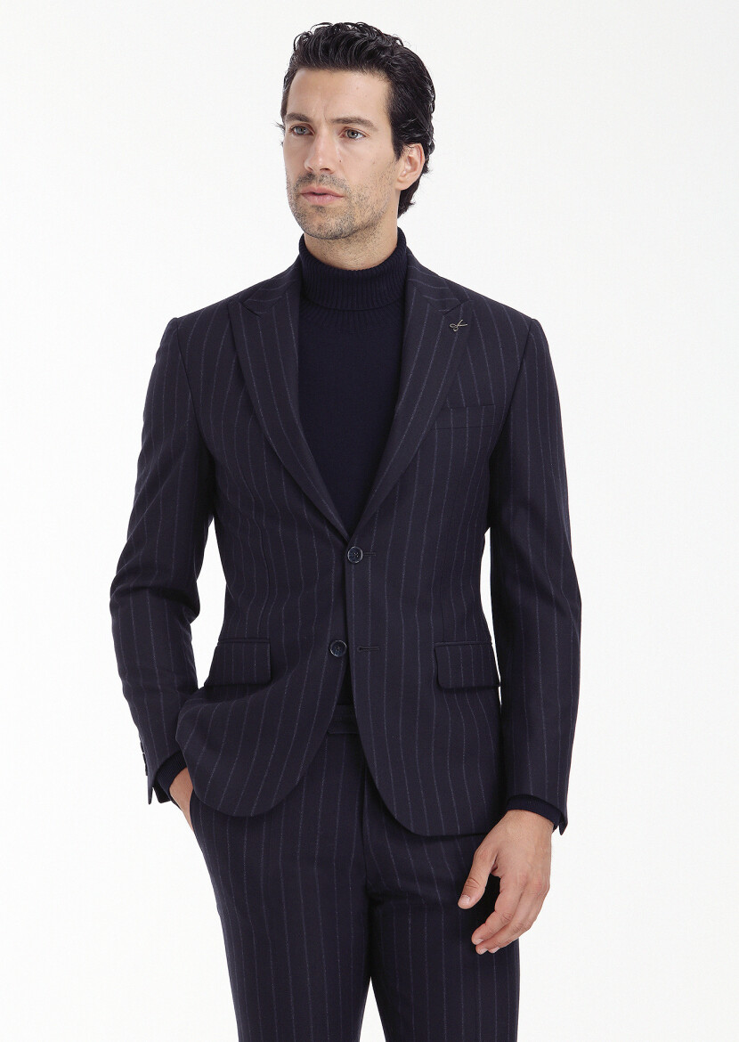 Lacivert Çizgili Zeroweight Slim Fit Yün Karışımlı Takım Elbise - 6
