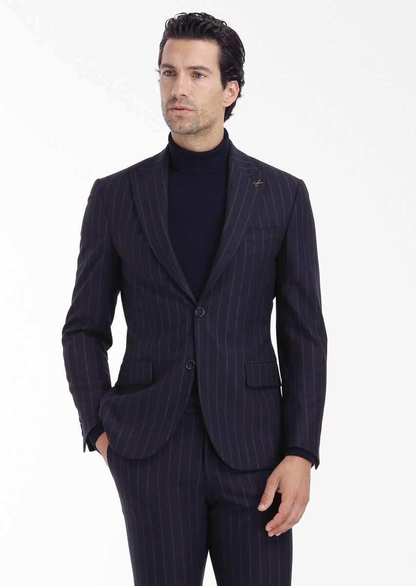 Lacivert Çizgili Zeroweight Slim Fit Yün Karışımlı Takım Elbise - 6