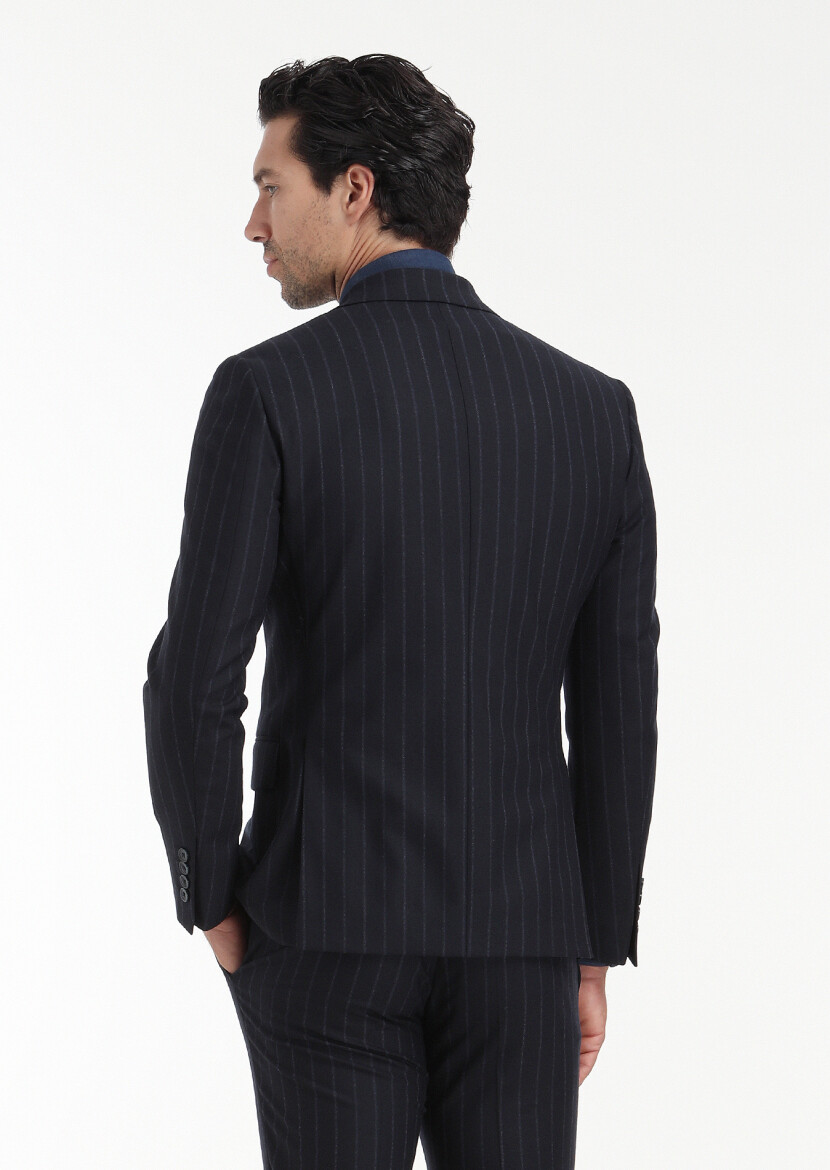Lacivert Çizgili Zeroweight Slim Fit Yün Karışımlı Takım Elbise - 7