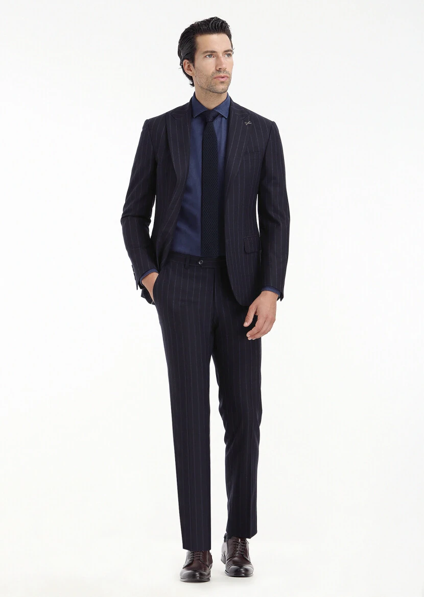 Lacivert Çizgili Zeroweight Slim Fit Yün Karışımlı Takım Elbise - 1