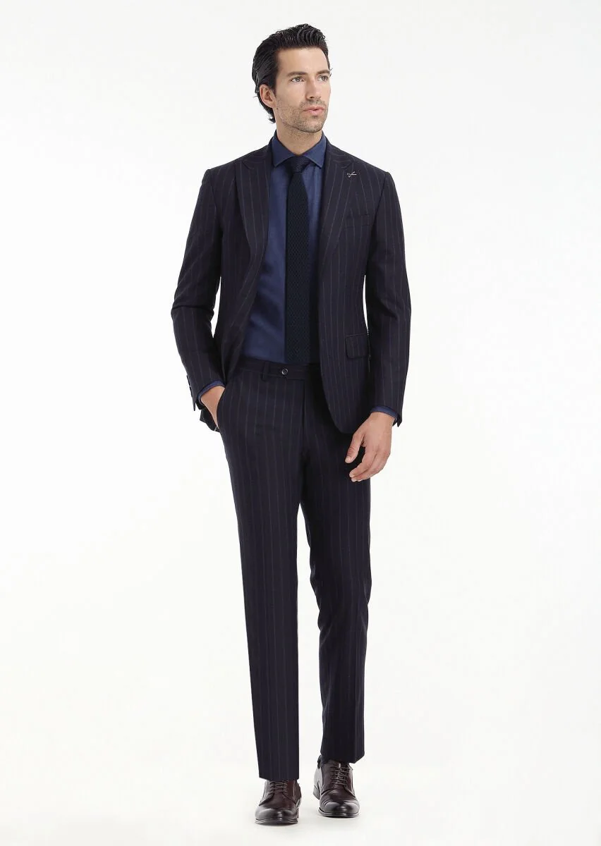 Lacivert Çizgili Zeroweight Slim Fit Yün Karışımlı Takım Elbise - 1