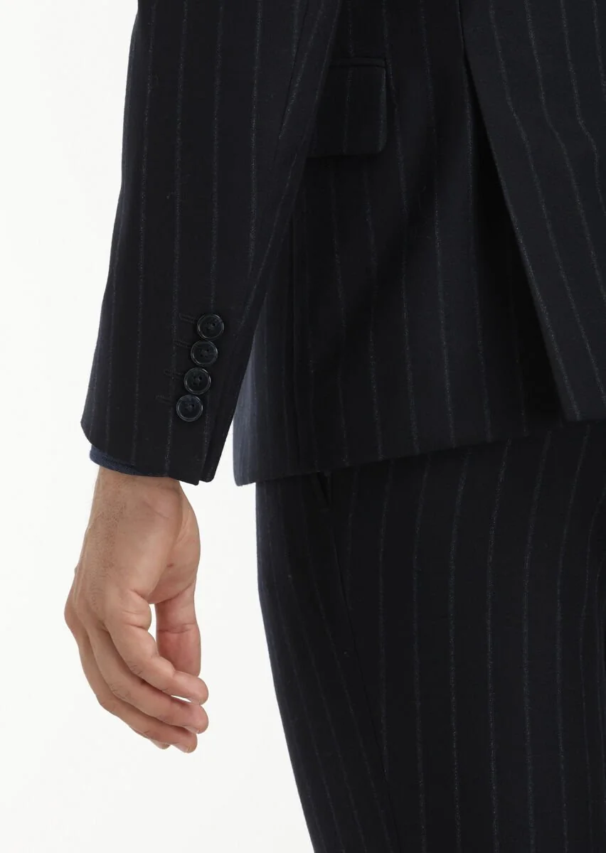 Lacivert Çizgili Zeroweight Slim Fit Yün Karışımlı Takım Elbise - 4