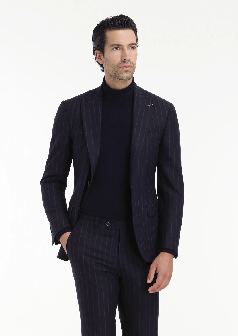 Lacivert Çizgili Zeroweight Slim Fit Yün Karışımlı Takım Elbise - 6
