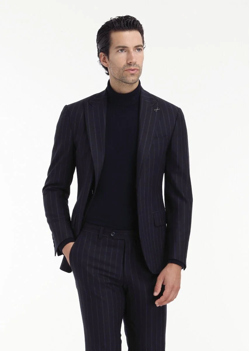 Lacivert Çizgili Zeroweight Slim Fit Yün Karışımlı Takım Elbise - 6