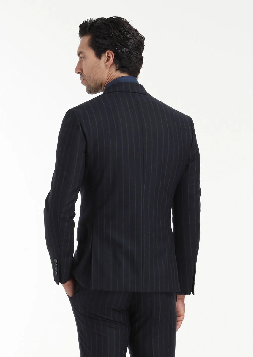 Lacivert Çizgili Zeroweight Slim Fit Yün Karışımlı Takım Elbise - 8