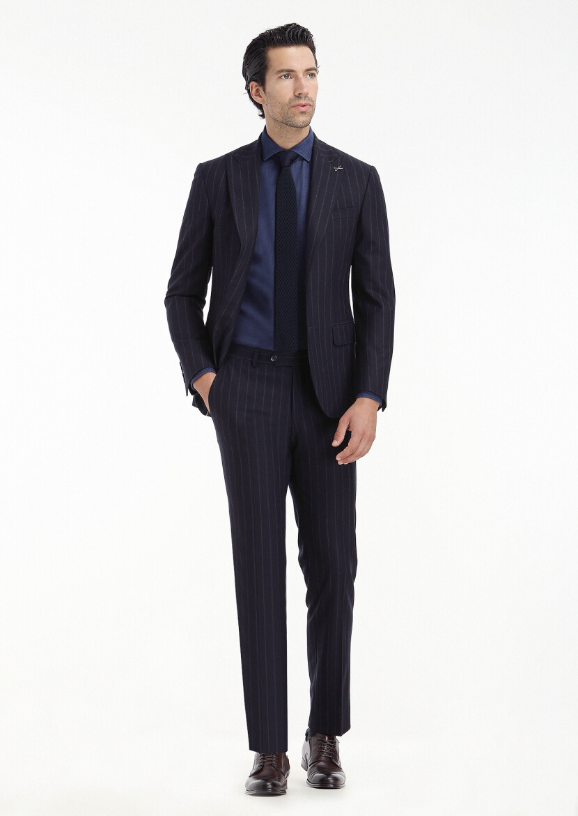 Lacivert Çizgili Zeroweight Slim Fit Yün Karışımlı Takım Elbise 