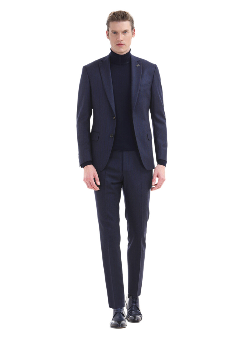 Lacivert Çizgili Zeroweight Slim Fit Yün Karışımlı Takım Elbise 