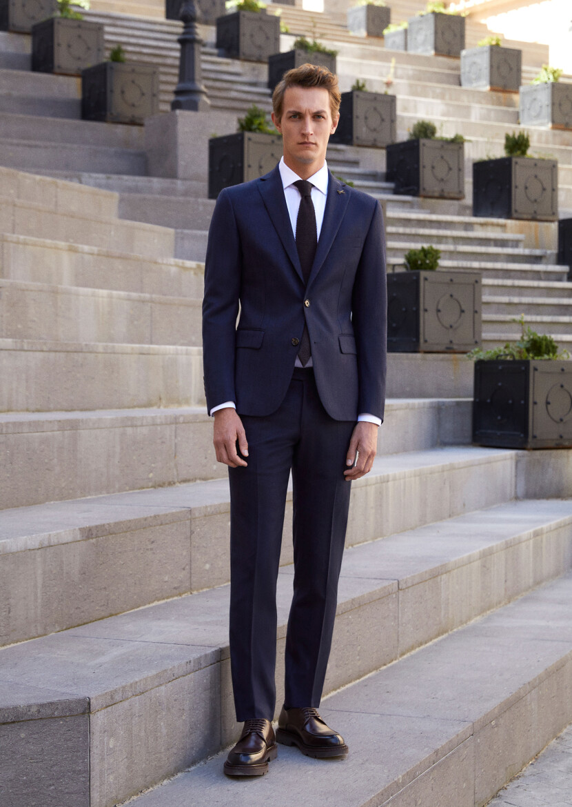 Lacivert Çizgili Zeroweight Slim Fit Yün Karışımlı Takım Elbise 