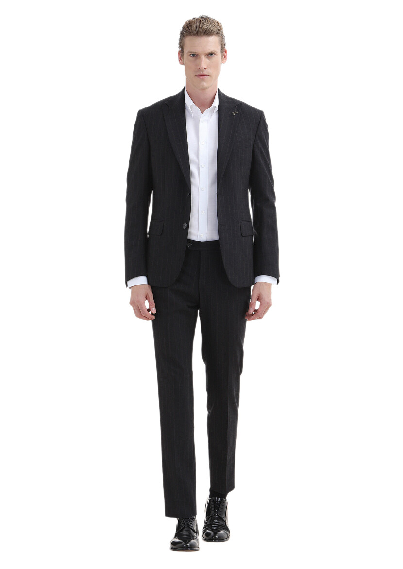 Lacivert Çizgili Zeroweight Slim Fit Yün Karışımlı Takım Elbise - 1