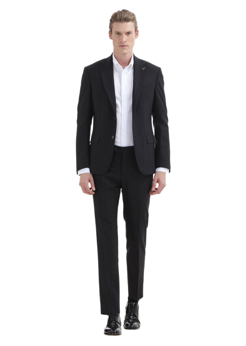 Lacivert Çizgili Zeroweight Slim Fit Yün Karışımlı Takım Elbise - 1