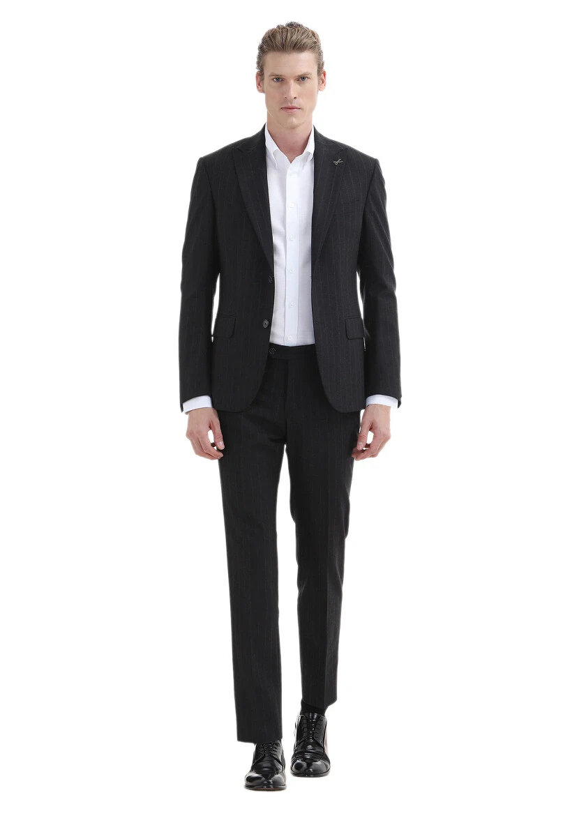 Lacivert Çizgili Zeroweight Slim Fit Yün Karışımlı Takım Elbise - 1