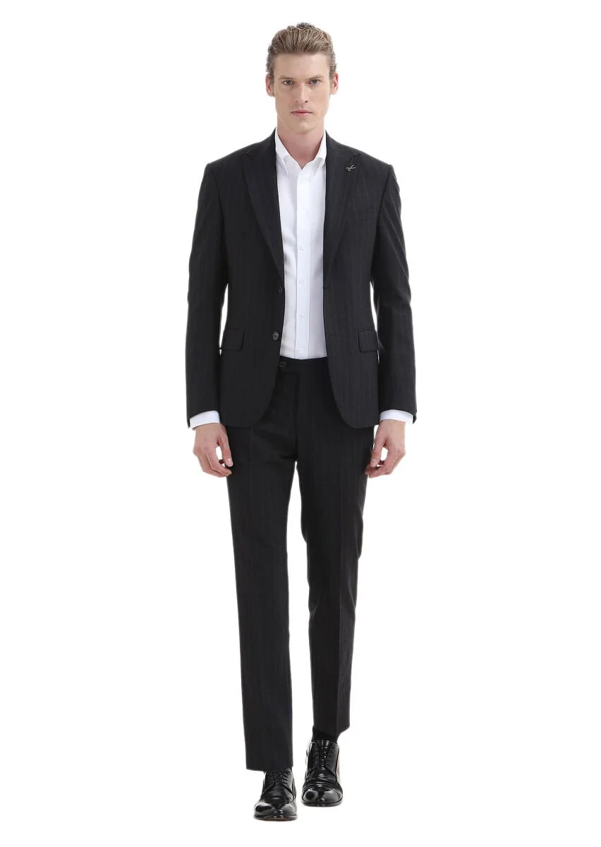 Lacivert Çizgili Zeroweight Slim Fit Yün Karışımlı Takım Elbise - 1