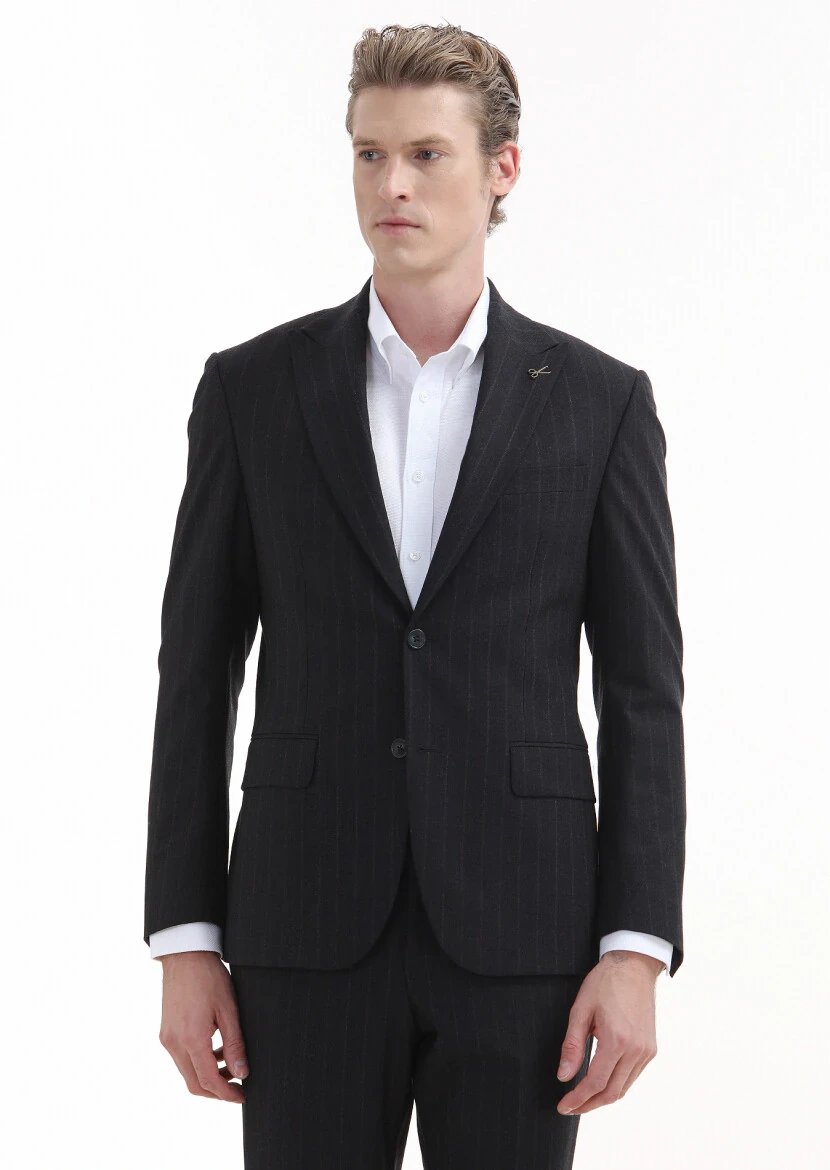 Lacivert Çizgili Zeroweight Slim Fit Yün Karışımlı Takım Elbise - 2