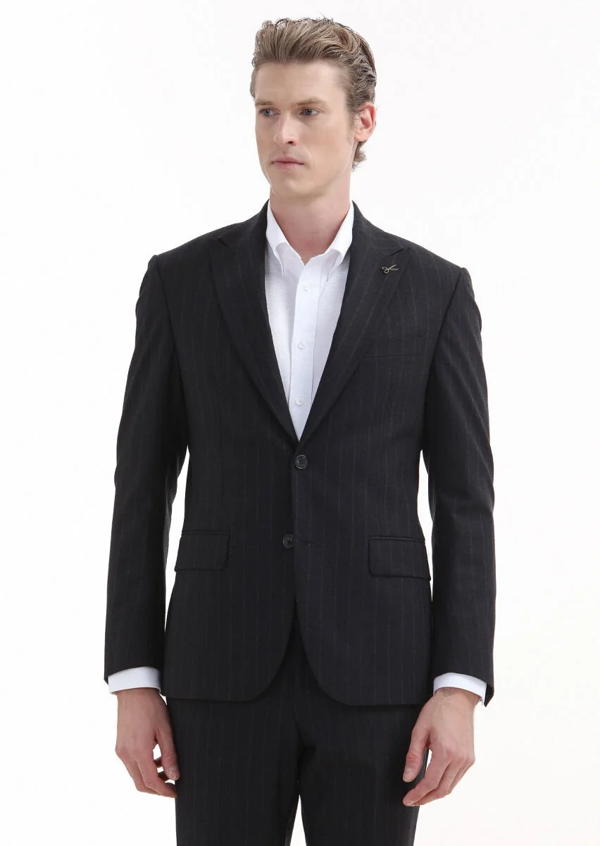 Lacivert Çizgili Zeroweight Slim Fit Yün Karışımlı Takım Elbise - 2