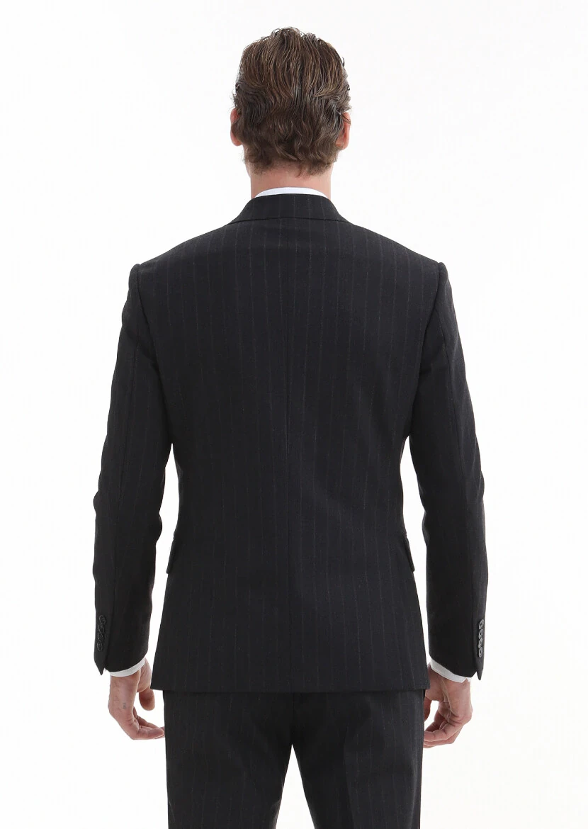 Lacivert Çizgili Zeroweight Slim Fit Yün Karışımlı Takım Elbise - 5