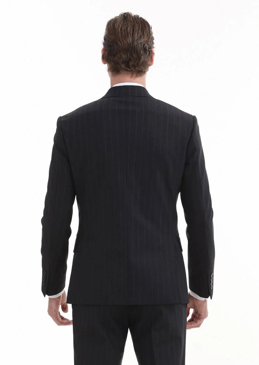 Lacivert Çizgili Zeroweight Slim Fit Yün Karışımlı Takım Elbise - 5