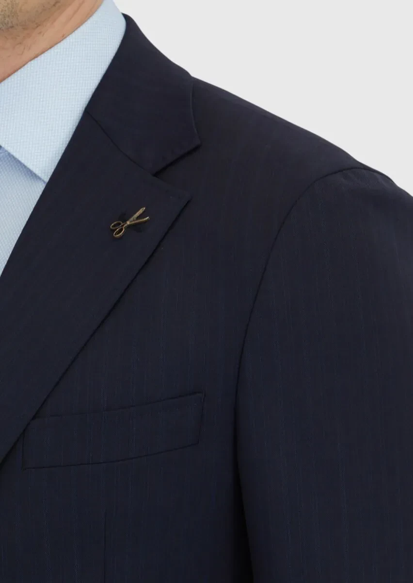 Lacivert Çizgili Zeroweight Slim Fit Yün Karışımlı Takım Elbise - 6