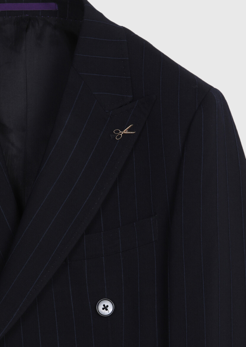 Lacivert Çizgili Zeroweight Slim Fit Yün Karışımlı Takım Elbise - 8