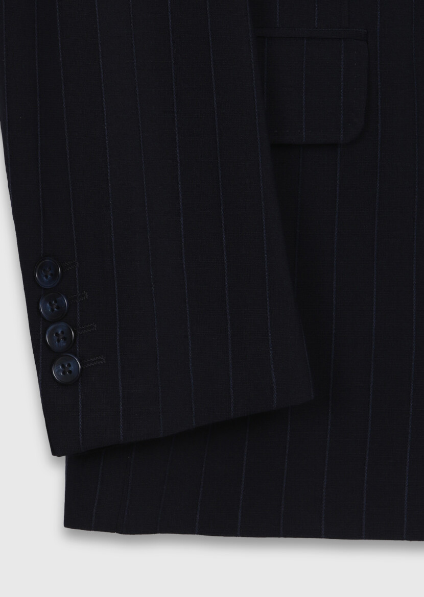 Lacivert Çizgili Zeroweight Slim Fit Yün Karışımlı Takım Elbise - 9