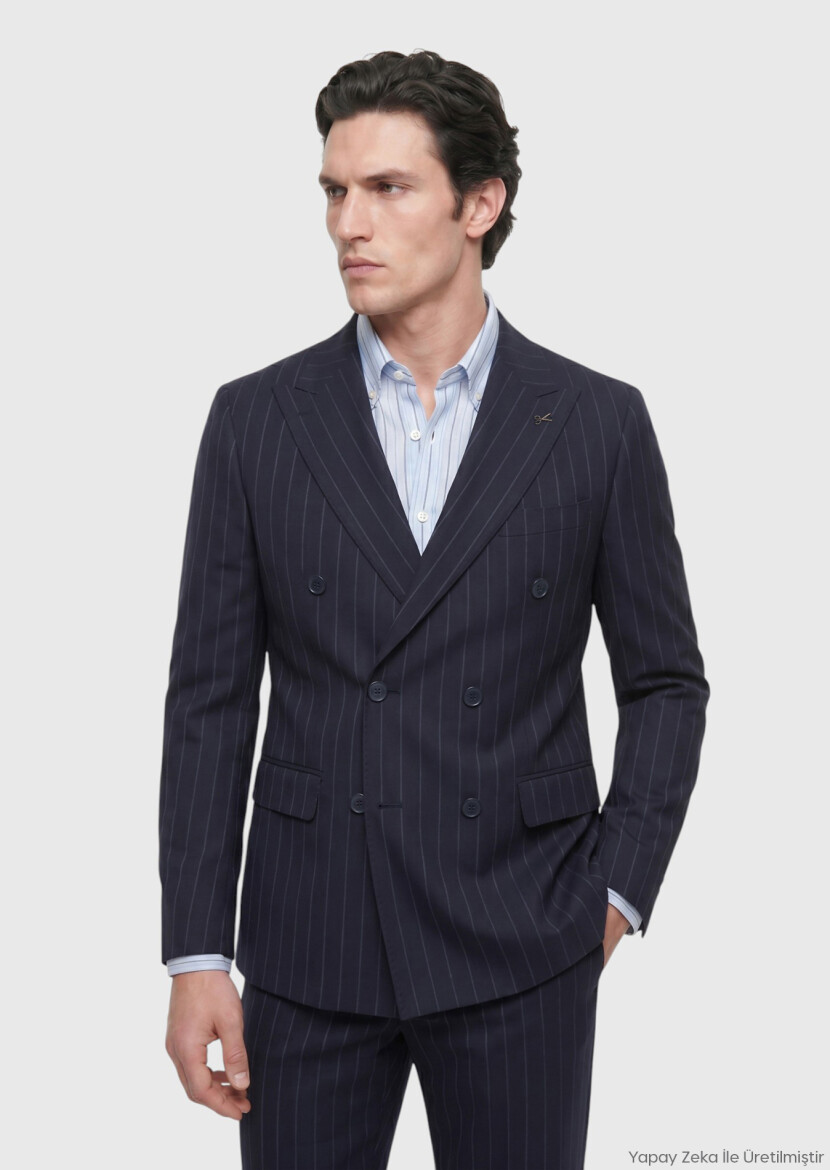Lacivert Çizgili Zeroweight Slim Fit Yün Karışımlı Takım Elbise - RAMSEY