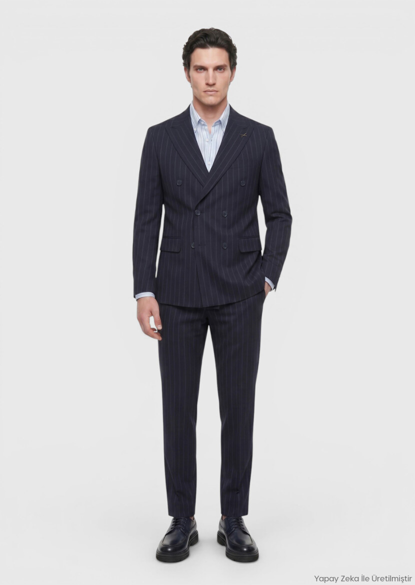 Lacivert Çizgili Zeroweight Slim Fit Yün Karışımlı Takım Elbise - RAMSEY