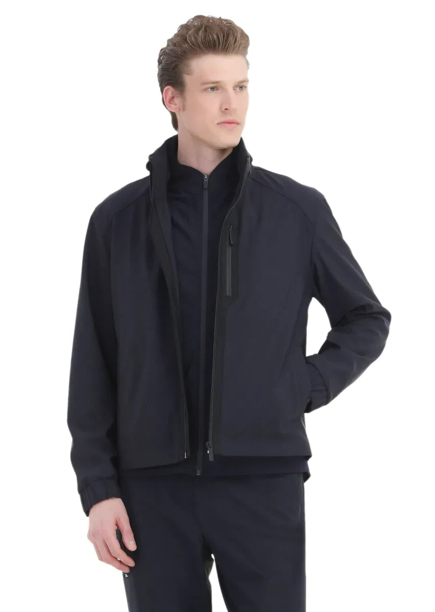 Lacivert Comfort Fit Kapüşonlu Spor Dokuma Mont - 1