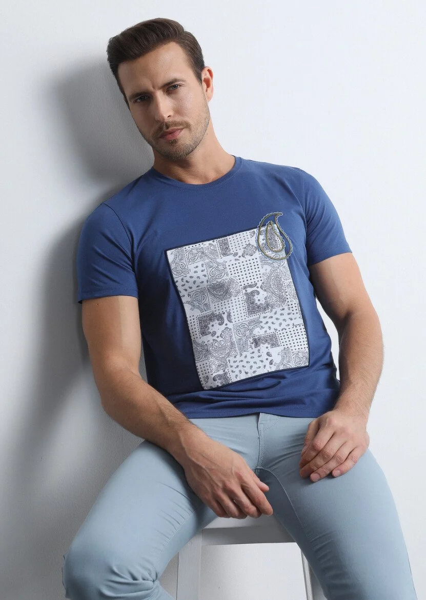 Lacivert Desenli %100 Pamuk T-Shirt - 1