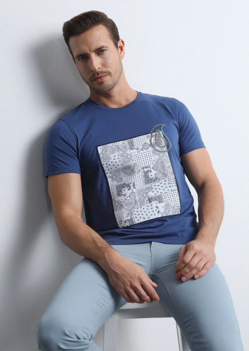 Lacivert Desenli %100 Pamuk T-Shirt - 1