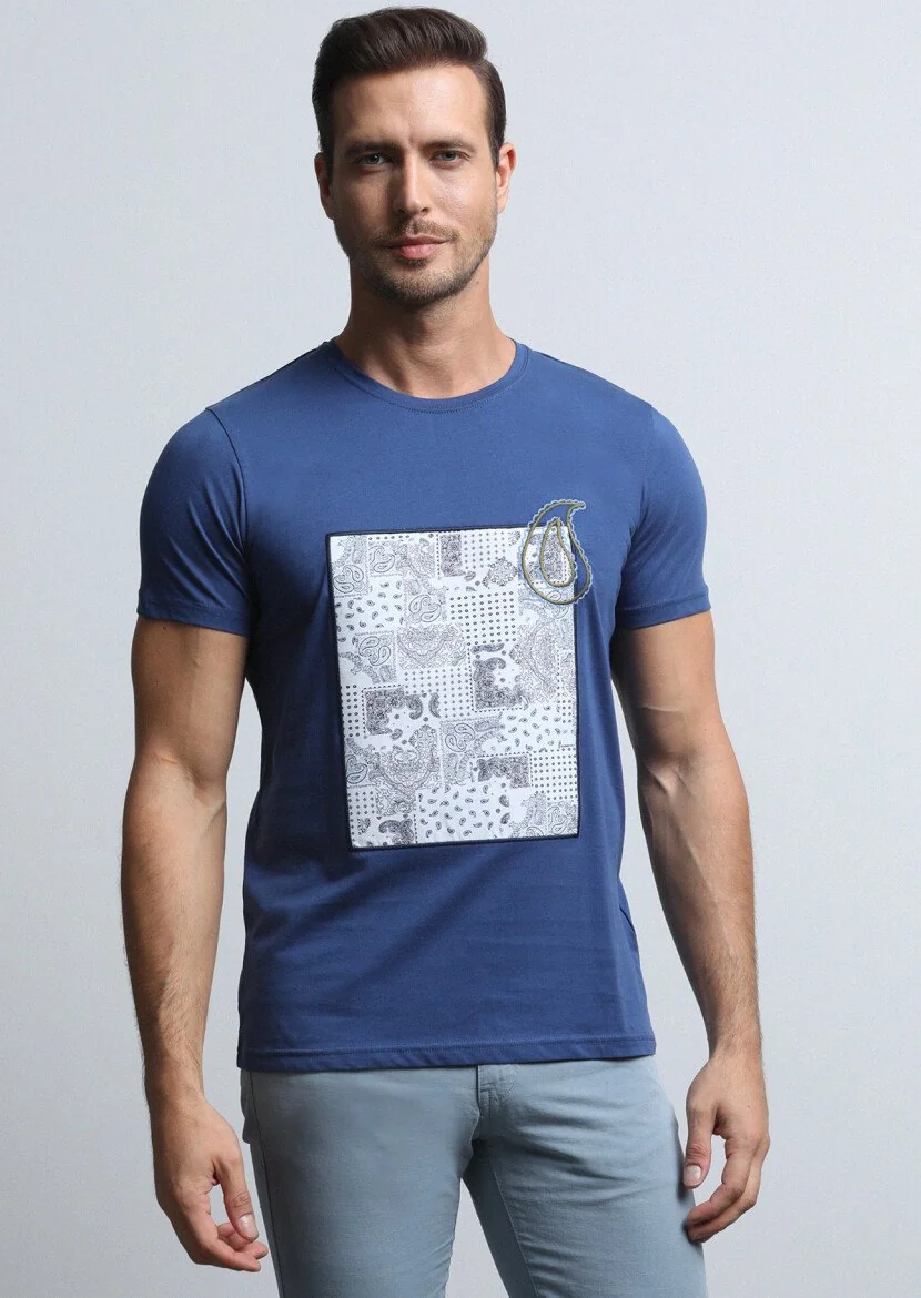Lacivert Desenli %100 Pamuk T-Shirt - 2
