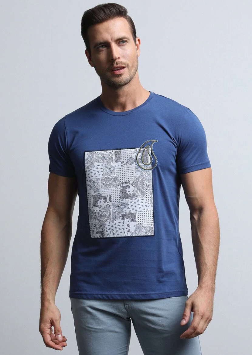 Lacivert Desenli %100 Pamuk T-Shirt - 3