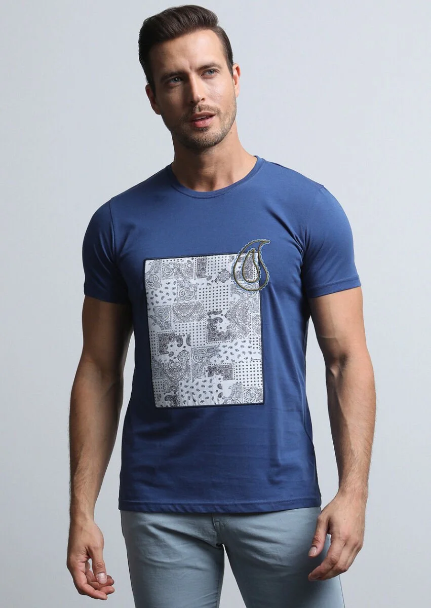Lacivert Desenli %100 Pamuk T-Shirt - 3