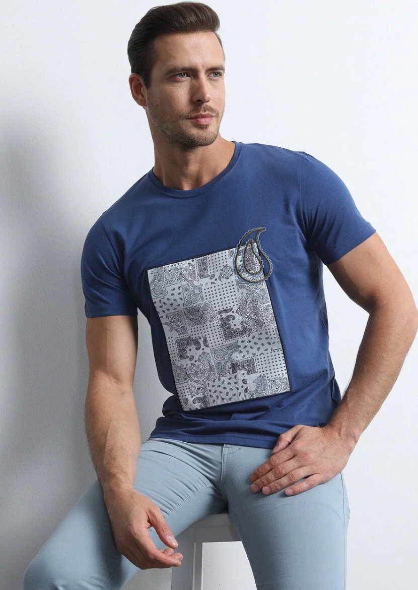 Lacivert Desenli %100 Pamuk T-Shirt - 4