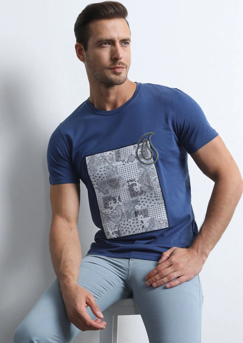 Lacivert Desenli %100 Pamuk T-Shirt - 4