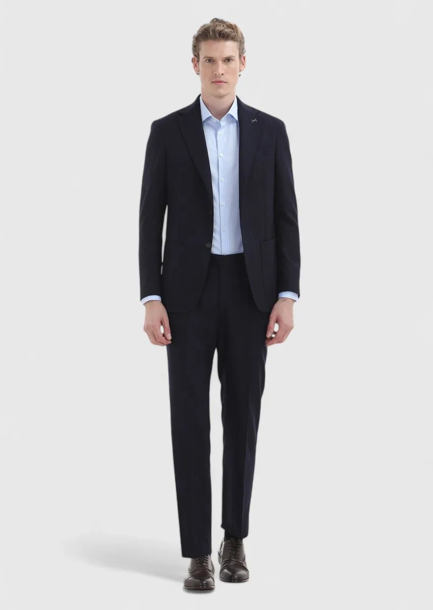Lacivert Desenli Comfort Fit %100 Yün Ceket - 1