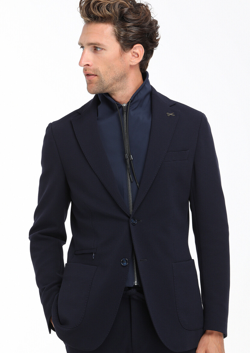 Lacivert Desenli Comfort Fit Örme Takım Elbise - 2