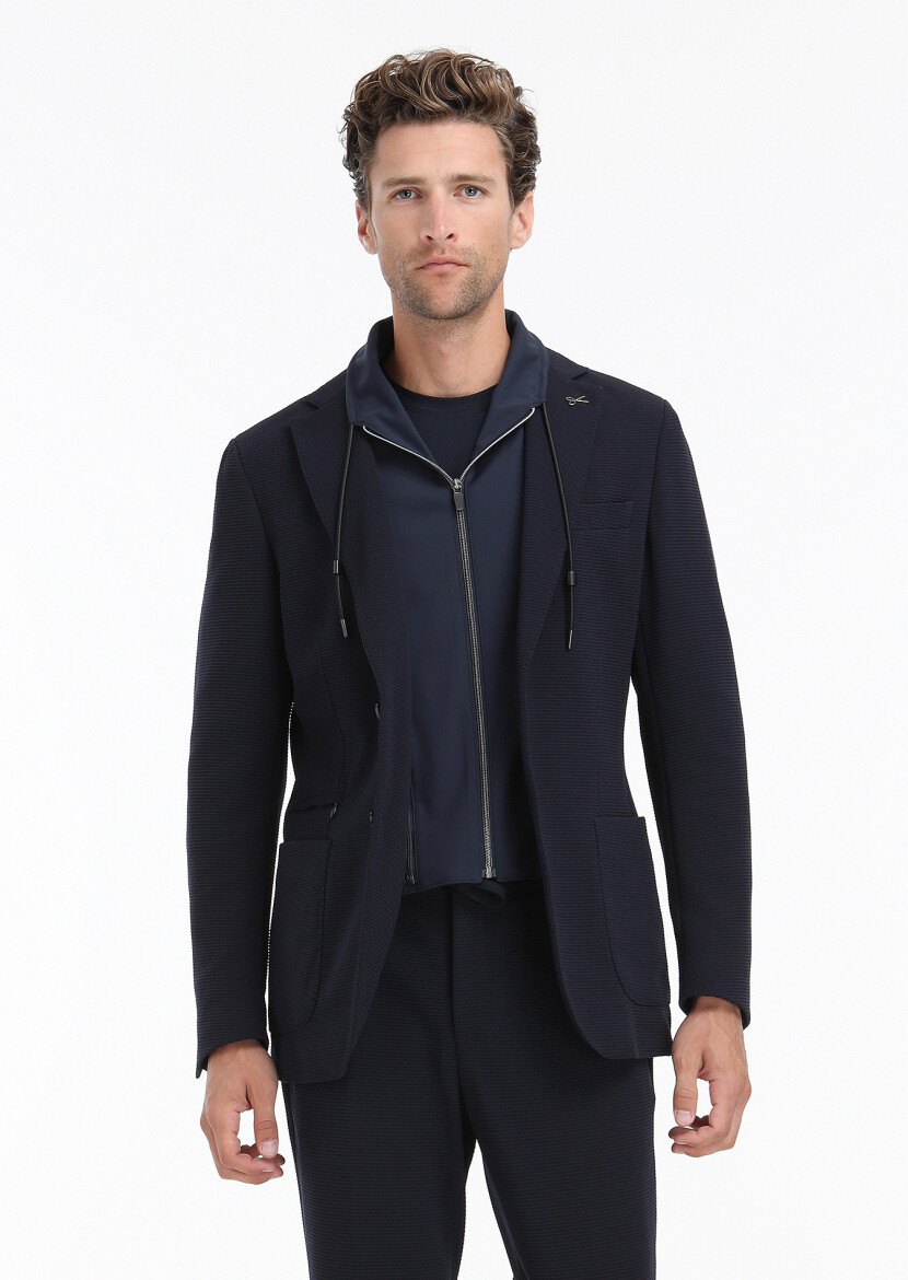 Lacivert Desenli Comfort Fit Örme Takım Elbise - 4