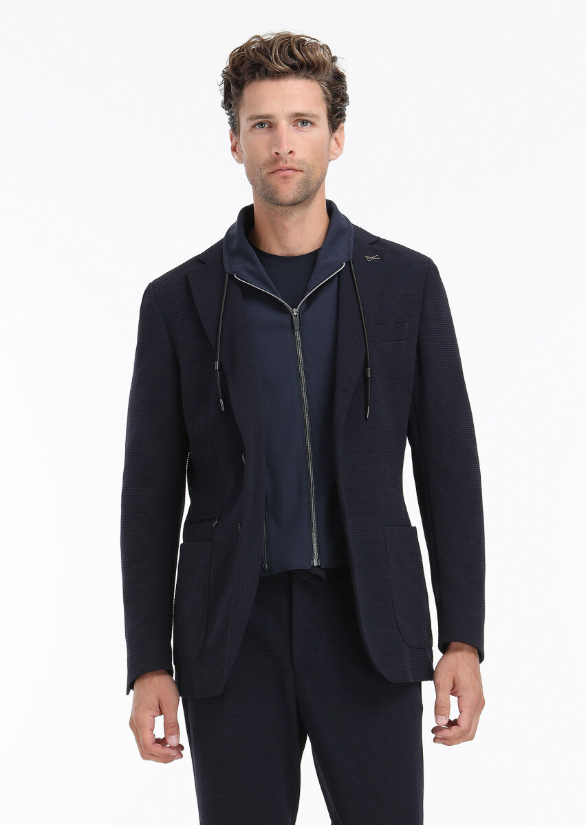 Lacivert Desenli Comfort Fit Örme Takım Elbise - 4