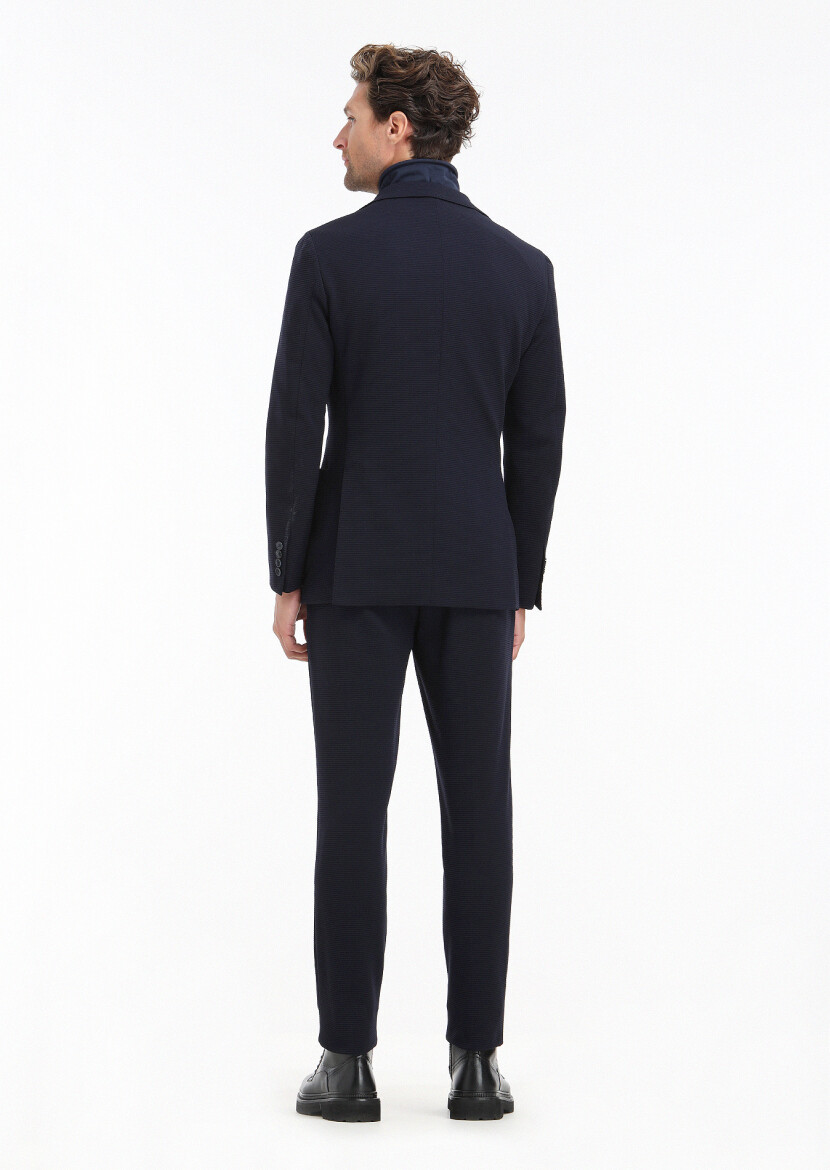 Lacivert Desenli Comfort Fit Örme Takım Elbise - 7