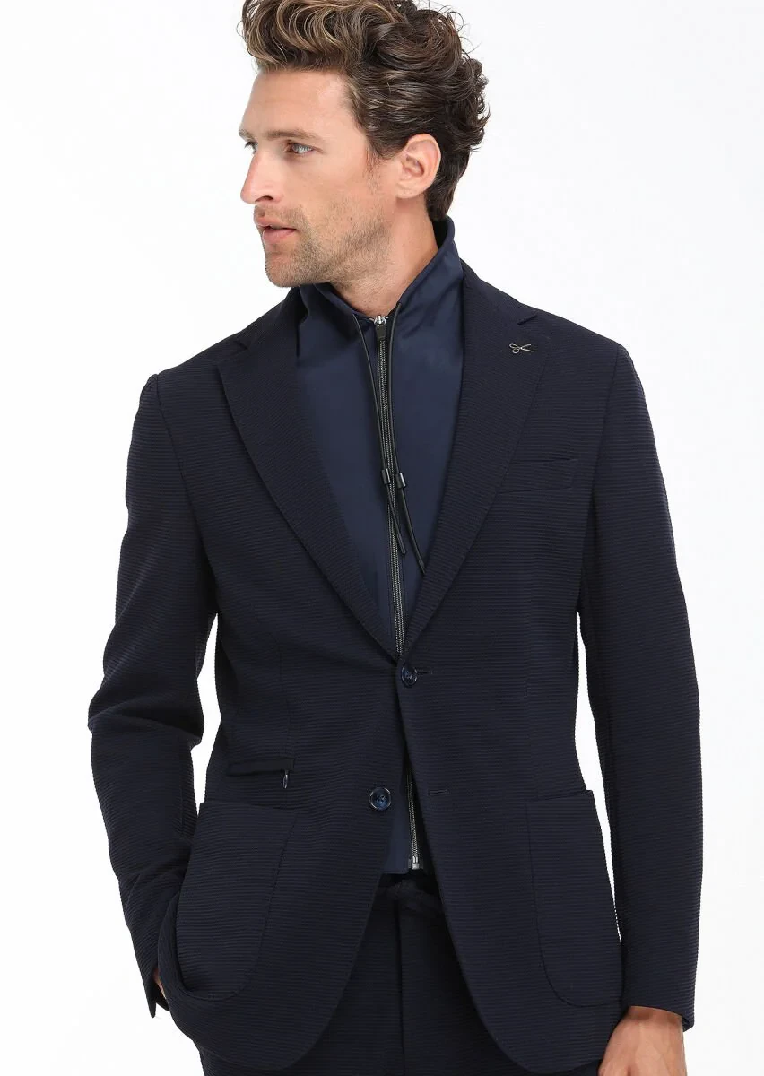 Lacivert Desenli Comfort Fit Örme Takım Elbise - 3