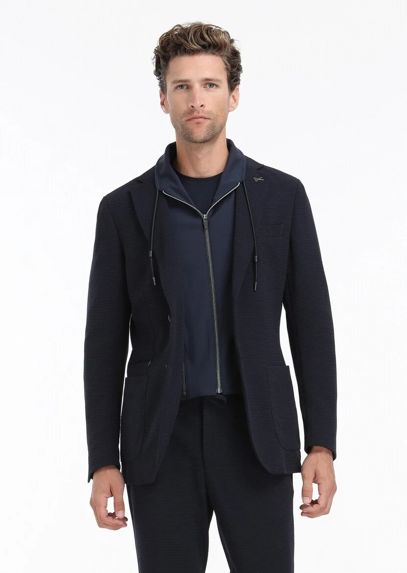 Lacivert Desenli Comfort Fit Örme Takım Elbise - 6